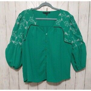 Adrienne Vittadini Women Blouse Top Green Buttons V Neck Balloon Sleeve Size L